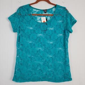 Feathers Sheer Floral Lace Short Sleeve Top size 1X Torquiose Y2K 90s, New